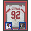 Framed Autographed/Signed Michael Strahan 35x39 New York White Football Jersey JSA COA