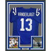 Framed Autographed/Signed Mike Vanderjagt 35x39 Indianapolis Blue Football Jersey JSA COA by Hall of Fame Sports Memorabilia