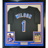 Framed Autographed/Signed Mookie Wilson 35x39 New York Black Baseball Jersey JSA COA
