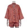 Printed Casual Women Collared Three Quarter Length Sleeves Cardigan Top High Waist Shorts Two Piece Sets