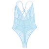 Light Blue French Thin Lace Underwear Sexy V neck Halter Back Hollow Out Cutout Sexy See through Jumpsuit