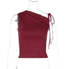 Women Clothing Winter Personality Diagonal Collar Drawstring Lace Sleeveless Pleated Cropped Top