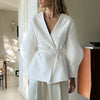 French Design Niche Women Clothing Spring Long Sleeve V neck Strap Elegant Top