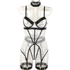 Sexy Skirt Three Piece Set At Large Mesh Stitching with Steel Ring Halter Leg Ring Underwear