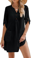 V-neck Buttons Side Slit Hem Dress Women