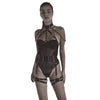 Sexy Jumpsuit Mesh Strap Stitching Complex Heavy Craft Neck Sling Leg Ring