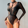 Women Clothing Spring Autumn Mesh Long Sleeve Hollow Out Cutout out See through Stitching V-neck Halter Jumpsuit Women