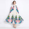 Printed Lantern Sleeve Pleated Tassel Belt Dress
