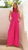 Summer Holiday Solid Color Halter Pocket Lace up One Piece Wide Leg Pants
