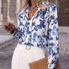 Autumn Color Matching V neck Long Sleeve Top Women Retro Floral Print Pullover Office Chiffon Shirt