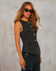 Button Sleeveless Vest Wide Leg Jeans Denim Set