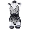 Sexy 5 Piece Set Winter Mesh Stitching Jumpsuit With Large Halter Waist Seal Leg Ring