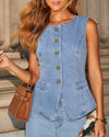 Button Sleeveless Vest Wide Leg Jeans Denim Set