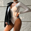 Women Clothing Spring Autumn Mesh Long Sleeve Hollow Out Cutout out See through Stitching V-neck Halter Jumpsuit Women
