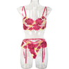 Sexy Three-Piece Set Embroidered Large Floral Rose Leaves Stitching Red Year Sexy Lingerie Garter