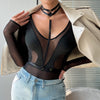 Women Clothing Spring Autumn Mesh Long Sleeve Hollow Out Cutout out See through Stitching V-neck Halter Jumpsuit Women