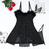 Sexy Black Rhinestone Shiny Crystal Feather Stitching See through Elastic Net Split Dress Two Piece Set Women