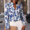 Autumn Color Matching V neck Long Sleeve Top Women Retro Floral Print Pullover Office Chiffon Shirt