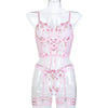 Pink Exquisite Embroidery Floral Lace up Maiden Sexy Underwear Sexy Suit Three Piece Set
