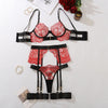 Sexy See through Embroidery Eyelash Lace Body Shaping Sexy Underwear Four Piece Set with Steel Ring