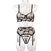 Sexy Lingerie Ladies Mini Floral at Steel Ring Embroidery Three Piece Set