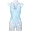 Light Blue French Thin Lace Underwear Sexy V neck Halter Back Hollow Out Cutout Sexy See through Jumpsuit