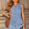 Button Sleeveless Vest Wide Leg Jeans Denim Set