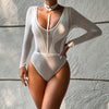 Women Clothing Spring Autumn Mesh Long Sleeve Hollow Out Cutout out See through Stitching V-neck Halter Jumpsuit Women