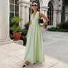 Pure Cottom Maxi Dress Spring Summer Tight Waist V neck Lace up Long Dress Large Swing Dress Women