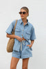Summer Women Clothing Casual Loose Pockets Short Sleeved Shirt Denim Two Piece Set