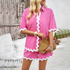 Casual Solid Color Lace Shirt Shorts Suit