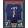 Framed Autographed/Signed Ozzie Albies 35x39 Atlanta Braves Blue Majestic Baseball Jersey Beckett BAS COA