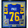 Framed Autographed/Signed Orlando Pace HOF 16 35x39 Los Angeles LA Blue Football Jersey JSA COA