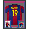 Framed Autographed/Signed Patrick Kluivert 35x39 FC Barcelona Blue Soccer Jersey Beckett BAS COA