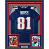 Framed Autographed/Signed Randy Moss 35x39 New England Blue Football Jersey Beckett BAS COA