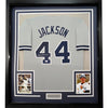 Framed Autographed/Signed Reggie Jackson 35x39 New York Grey Baseball Jersey JSA COA