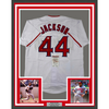 Framed Autographed/Signed Reggie Jackson 35x39 California Los Angeles White Baseball Jersey JSA COA