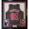 Framed Autographed/Signed Dennis Rodman 35x39 Chicago Pinstripe Basketball Jersey PSA/DNA COA