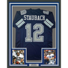 Framed Autographed/Signed Roger Staubach 35x39 Dallas Blue Football Jersey Beckett BAS COA