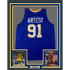 Framed Autographed/Signed Ron Artest Metta World Peace 35x39 Indiana Blue #91 Basketball Jersey Beckett BAS COA