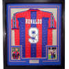 Framed Autographed/Signed Ronaldo Nazario 35x39 FC Barcelona Red/Blue Soccer Jersey Beckett BAS COA