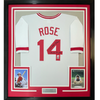 Framed Autographed/Signed Pete Rose 35x39 Inscribed Charlie Hustle Cincinnati White Baseball Jersey JSA COA