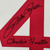 Framed Autographed/Signed Pete Rose 35x39 Inscribed Charlie Hustle Cincinnati White Baseball Jersey JSA COA
