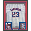 Framed Autographed/Signed Ryne Sandberg 35x39 HOF 05 Chicago White Pinstripe Baseball Jersey JSA COA