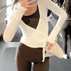 Ladies Yoga Workout Blouses Cross Wrap Tie Crop Tops Fashion Long Sleeve Deep V Neck Solid Color Slim Fit T-Shirts