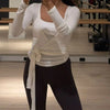 Ladies Yoga Workout Blouses Cross Wrap Tie Crop Tops Fashion Long Sleeve Deep V Neck Solid Color Slim Fit T-Shirts