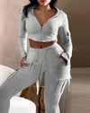Womens Two Piece Casual Skinny Zipper Design Long Sleeve Crop Hoodie and Drawstring V-cut Waistline Joggers Sweatpants Set
