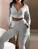 Womens Two Piece Casual Skinny Zipper Design Long Sleeve Crop Hoodie and Drawstring V-cut Waistline Joggers Sweatpants Set
