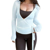Ladies Yoga Workout Blouses Cross Wrap Tie Crop Tops Fashion Long Sleeve Deep V Neck Solid Color Slim Fit T-Shirts