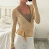 Ladies Yoga Workout Blouses Cross Wrap Tie Crop Tops Fashion Long Sleeve Deep V Neck Solid Color Slim Fit T-Shirts